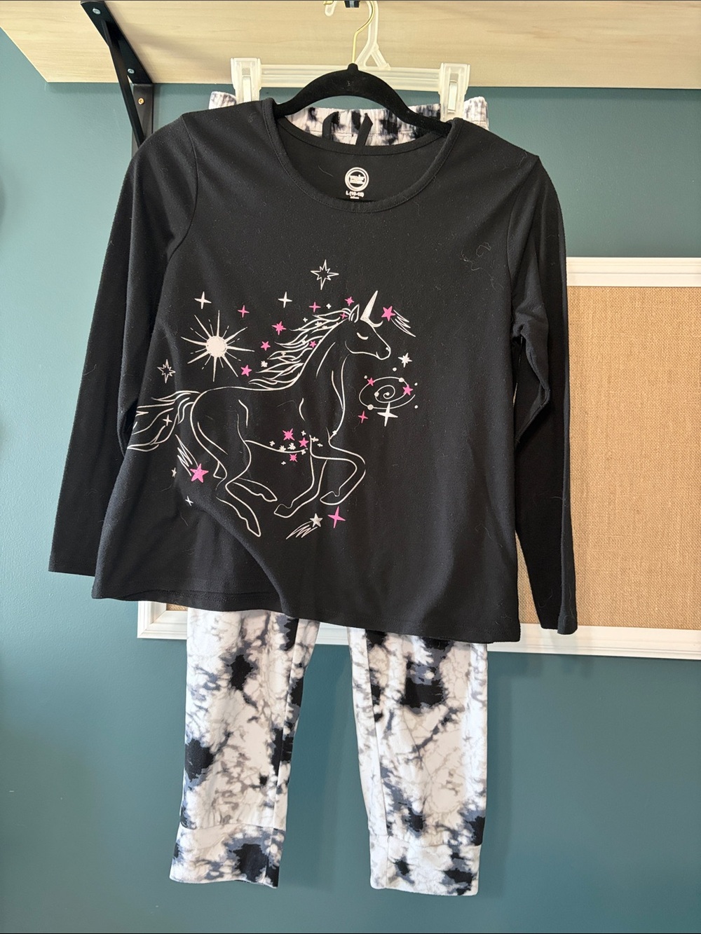 Girls Black Unicorn Graphic Pajama Set with Tie-Dye Leggings